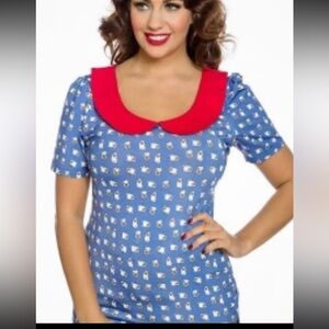 Lindy Bop Pin Up Corinne Vintage Peter Pan Collar Top in Pug Dogs. Large.